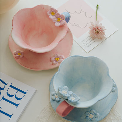 Spring Embossed Plum Blossom Ceramic Cup and Saucer