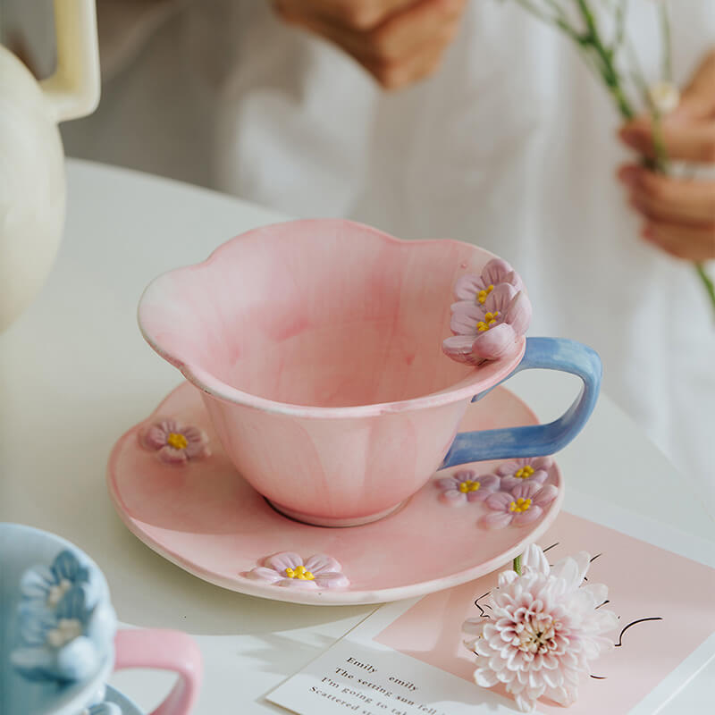 Spring Embossed Plum Blossom Ceramic Cup and Saucer