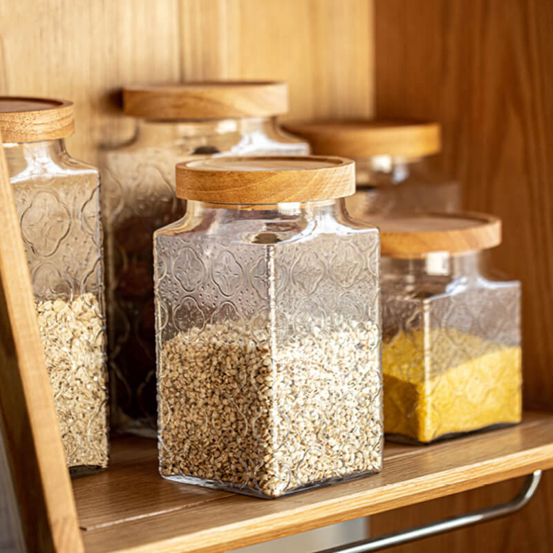 Square Embossed Glass Storage Jar