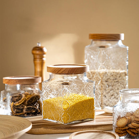 Square Embossed Glass Storage Jar