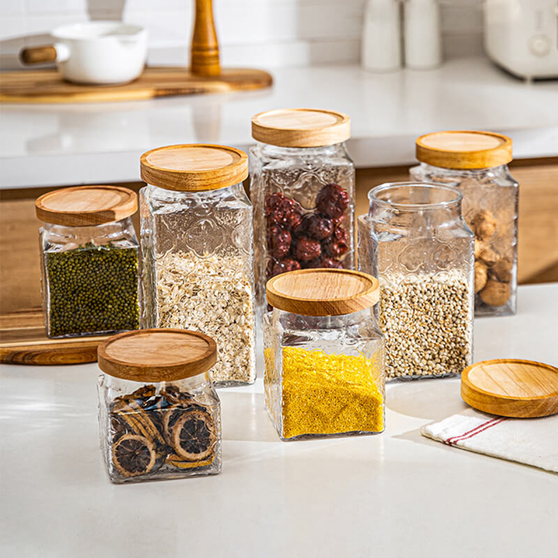 Square Embossed Glass Storage Jar