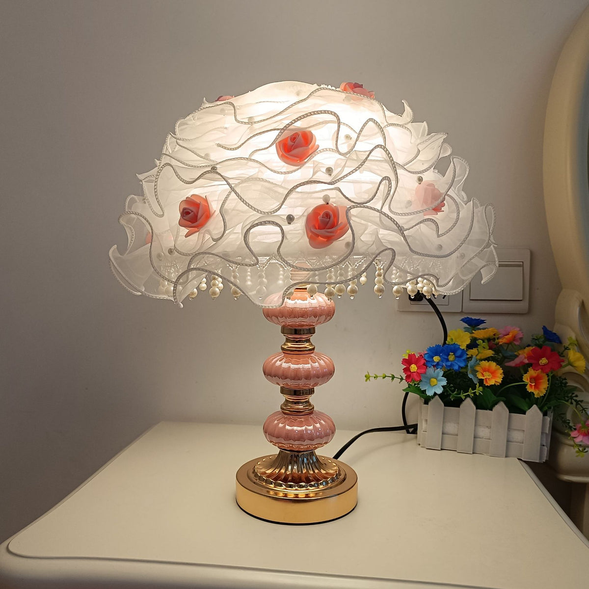 White Organza Rose Table Lamp