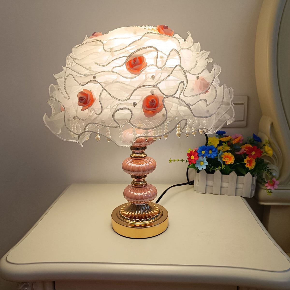 White Organza Rose Table Lamp