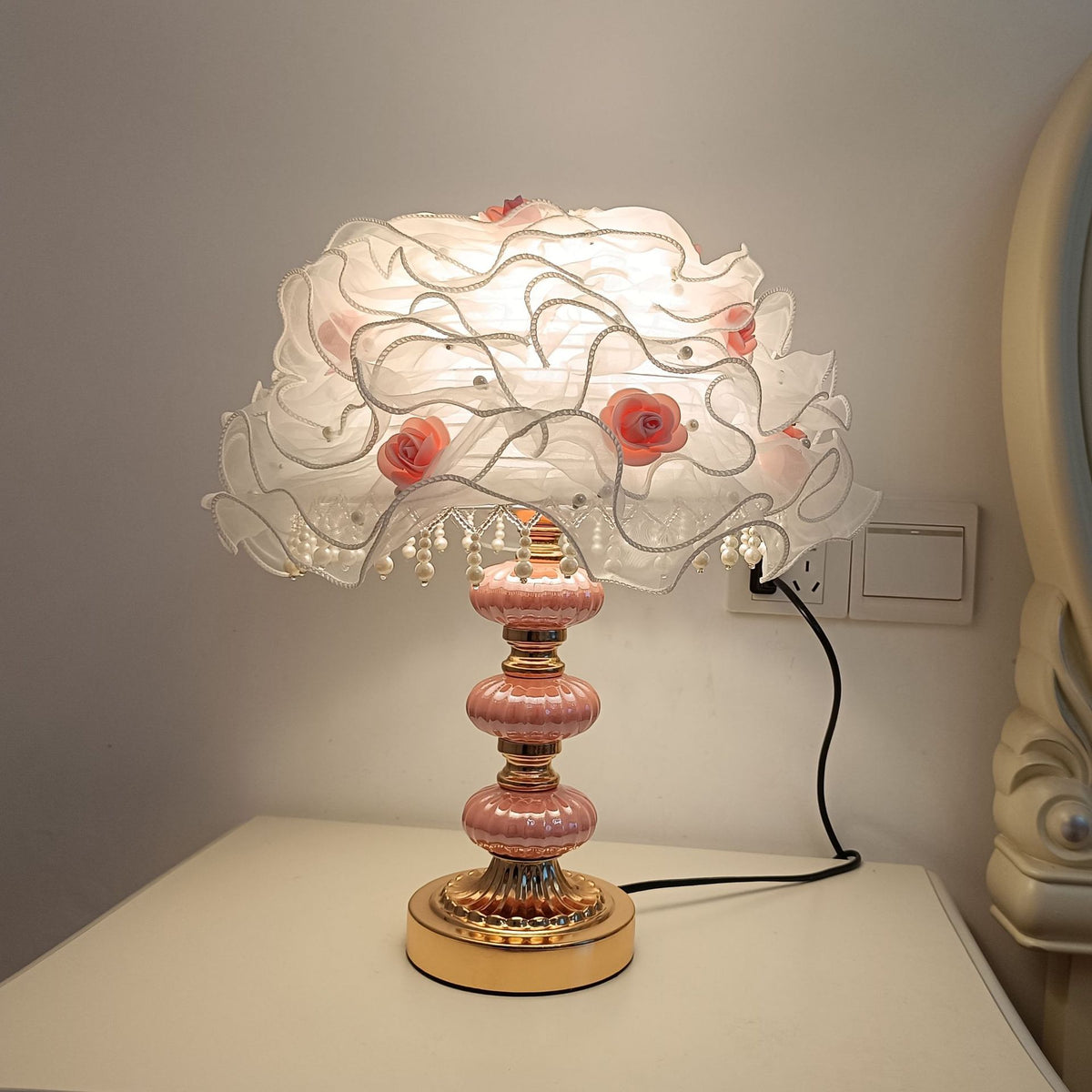 White Organza Rose Table Lamp