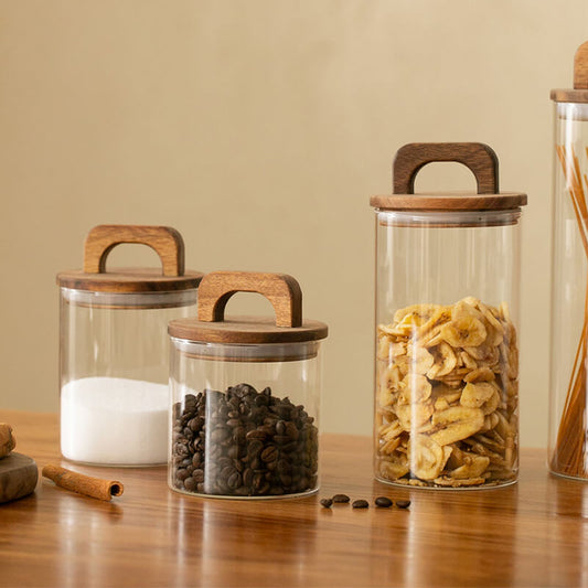 Wooden Handle Glass Storage Jar